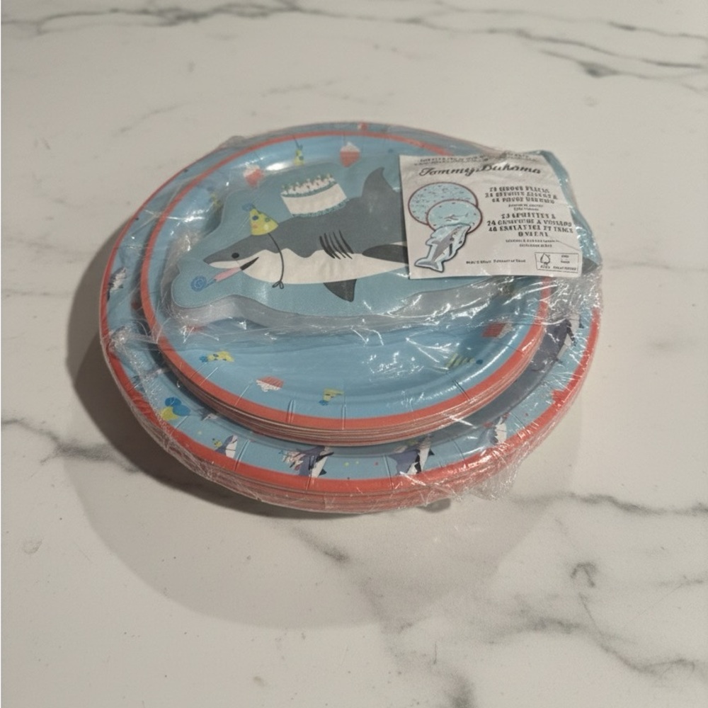 New Tommy Bahama Shark Party Plates & Napkins Set- Blue and Red